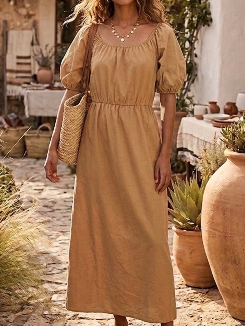 Rita Row Puff Sleeve Midi Dress in Camel Size Medium
